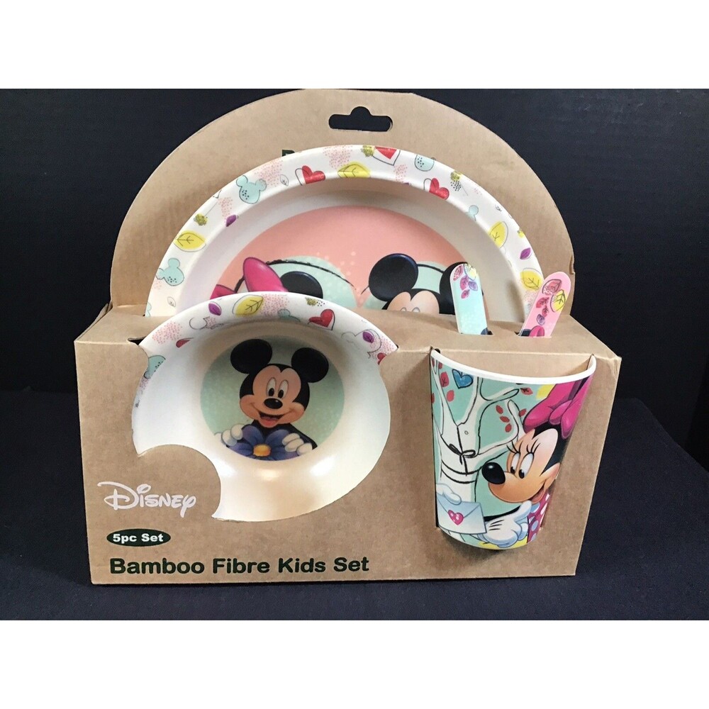 Disney Parks Mickey & Minnie Mouse Hearts Plastic Kids 5 Piece Dish Set NEW